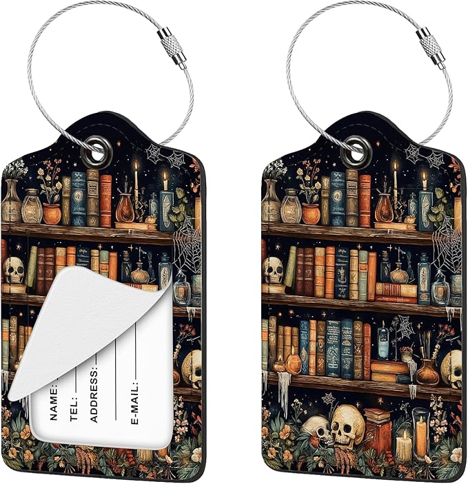2 Pcs Luggage Tag for Suitcases, Goth Skull Bookshelf PU Leather Suitcase Tag Privacy Cover ID Label with Metal Loop, Personalized Baggage Identifier for Women Cruise Bag Travel Essentials