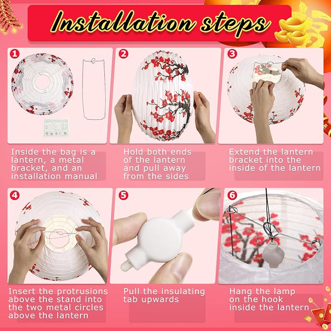 30 Pcs Chinese Japanese Paper Lanterns with LED Light, 2026 Chinese Lunar New Year Decoration Cherry Blossom Red Hanging Lanterns for Spring Festival Home Decor(Multi Size,Red, White, Black)