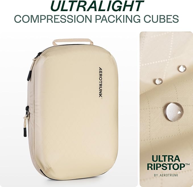 Aerotrunk Ultralight Compression Packing Cubes - Lightweight Travel Organizers for Suitcases and Luggage (3-Pack, Beige)