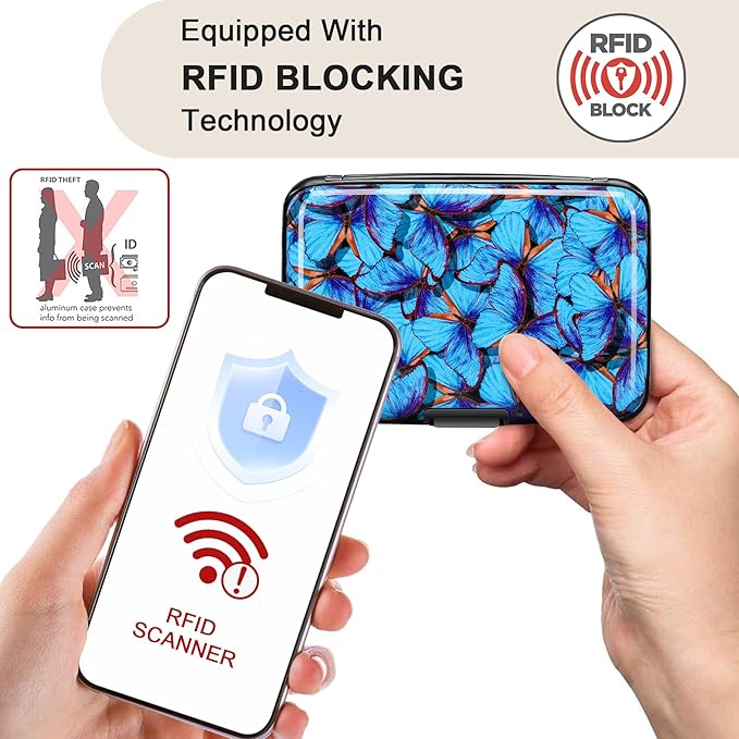 ELFISH RFID Blocking Credit Card Protector Aluminum ID Case Hard Shell Business Card Holders Metal Wallet for Men or Women (Blue Butterfly)