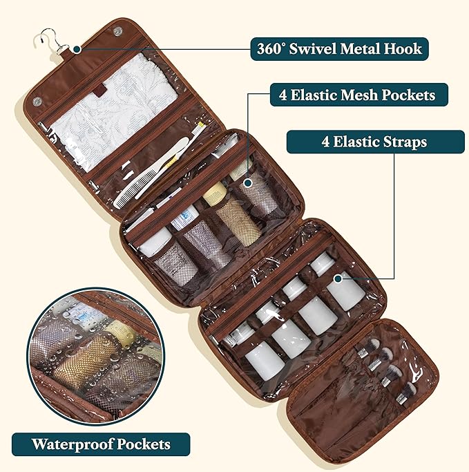 PAVILIA Hanging Toiletry Bag Women Men, Foldable Cosmetic Organizer Travel Bag, Water Resistant Makeup Bag Toiletries, Large Travel Essentials Kit (Brown)