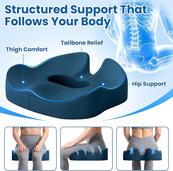 Large Donut Pillow Seat Cushion for Hemorrhoid Discomfort&Tailbone Pressure, Office Chair Cushion for Long Sitting, Ergonomic Coccyx Pillow for Postpartum Pregnancy, Blue, X-Large