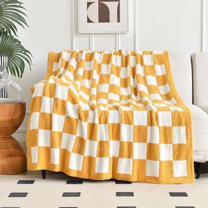 Checkered Blanket, Cozy Soft Throw Blankets for Couch Bed, Fluffy Plaid Lightweight Comfy Travel Picnic Blanket Gifts for Sofa Chair Living Room Camping (Yellow, Twin 60"x80")