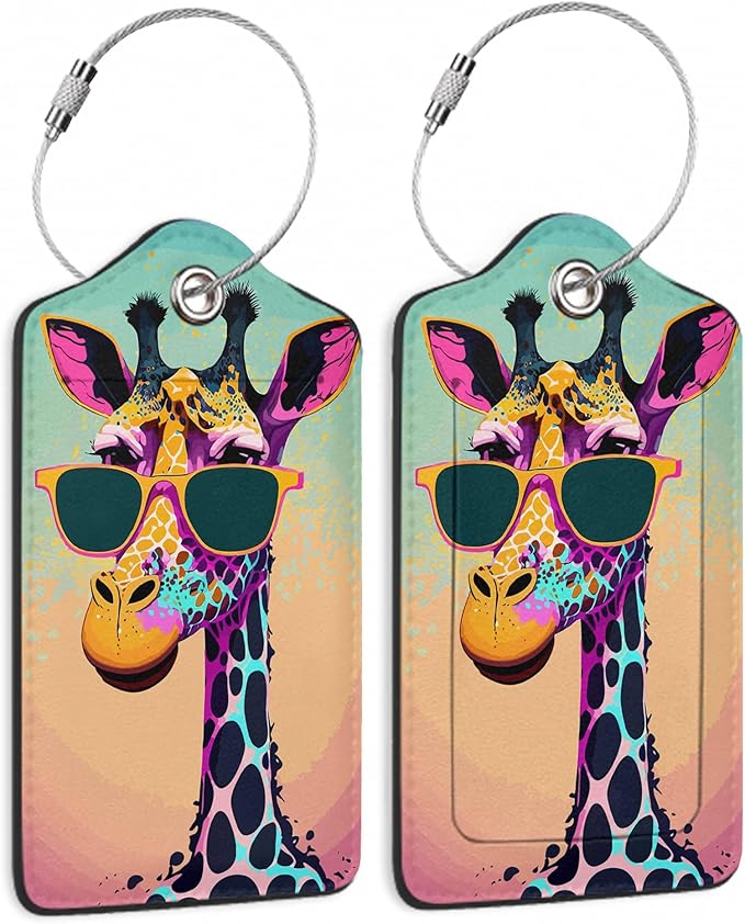 Luggage Tags for Suitcase,2 Pack Funny Giraffe Sunglasses Luggage Tag PU Leather Privacy Cover ID Label with Stainless Steel Loop for Women Men Teens Travel