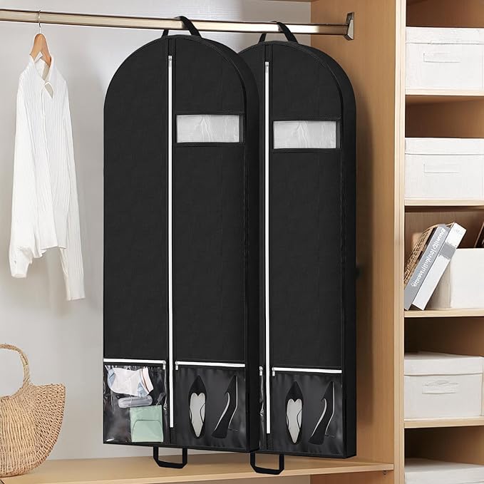 54" Garment Bags for Travel and Storage, Travel Suit Bags for Men Women with 2 Clear Pockets, Storage bags for Clothes, Suits, Dress, Shirts, Coats 2pcs Black