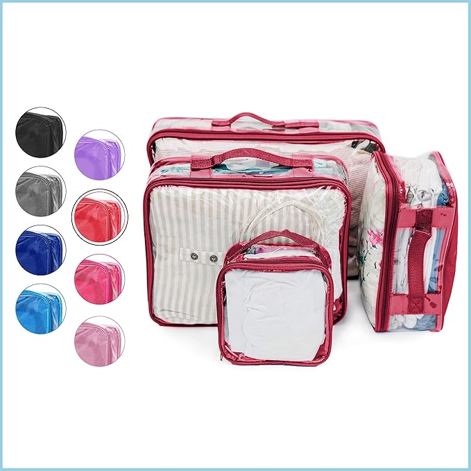 Clear Packing Cubes set of 4 / Packs 7-10 Days of Clothes/Premium PVC Plastic Storage Bags