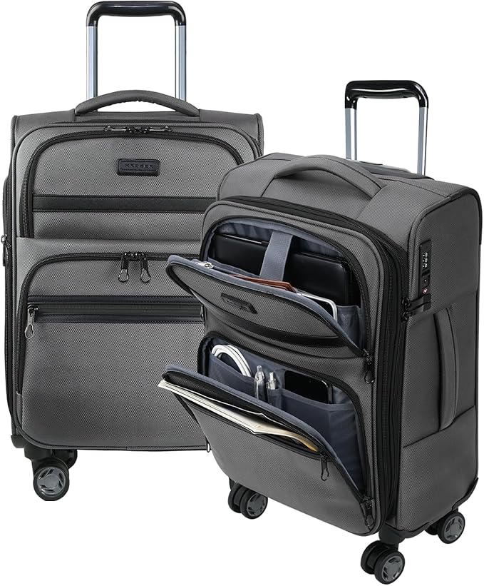 KROSER Softside Expandable Carry On Luggage with Front Business Pockets，20 Inch Suitcases with Spinner Wheels & Built-in TSA Lock, Durable Suitcase Rolling Luggage with USB Port, Grey