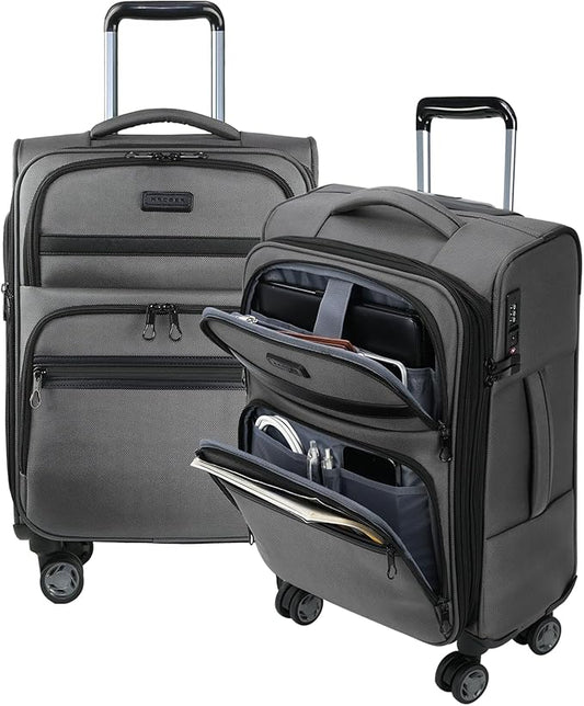 KROSER Softside Expandable Carry On Luggage with Front Business Pockets，20 Inch Suitcases with Spinner Wheels & Built-in TSA Lock, Durable Suitcase Rolling Luggage with USB Port, Grey