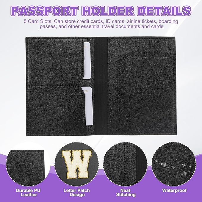 PATIKIL Passport Holder for Travel, Initial Passport Cover and Luggage Tag Set with Alphabet Chenille Letter Patch Travel Wallet Bag Suitcase Identifier for Women Family Travel Black W