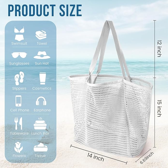 Beach Bags for Women, Summer Travel Mesh Tote Bag with Large Inner Pocket, Sandproof Woven Shoulder Handbag
