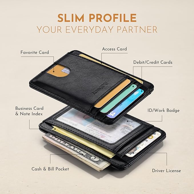 Buffway Slim Minimalist Front Pocket RFID Blocking Leather Wallets for Men and Women - Slate Black | Slim, Minimalist, Front Pocket, RFID Blocking