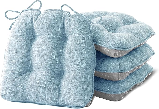 Chair Cushions for Dining Chairs Set of 4, Kitchen Chair Cushions, Chair Pads with Ties and Non Slip Backing, Tufted Memory Foam Seat Cushion 4 Pack, 15.5" x 15.5" x 4", Baby Blue