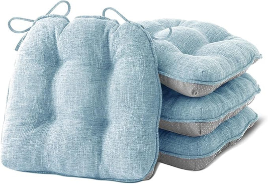 Chair Cushions for Dining Chairs Set of 4, Kitchen Chair Cushions, Chair Pads with Ties and Non Slip Backing, Tufted Memory Foam Seat Cushion 4 Pack, 15.5" x 15.5" x 4", Baby Blue