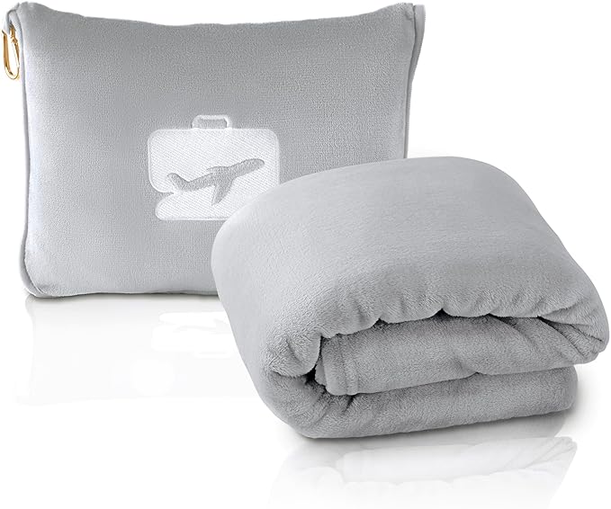 EverSnug Travel Blanket and Pillow - Ultra-Soft, Compact & Lightweight, 65x40 Inches, with Carry Case, Luggage Sleeve & Backpack Clip for Airplane Comfort (Light Grey)
