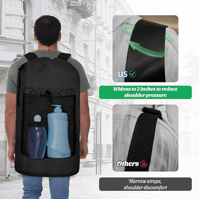 Laundry Bag Backpack Large Travel Laundry Backpack with Adjustable Shoulder Straps Portable Hamper Bag for College, Dorm, Apartment Camp(Black)