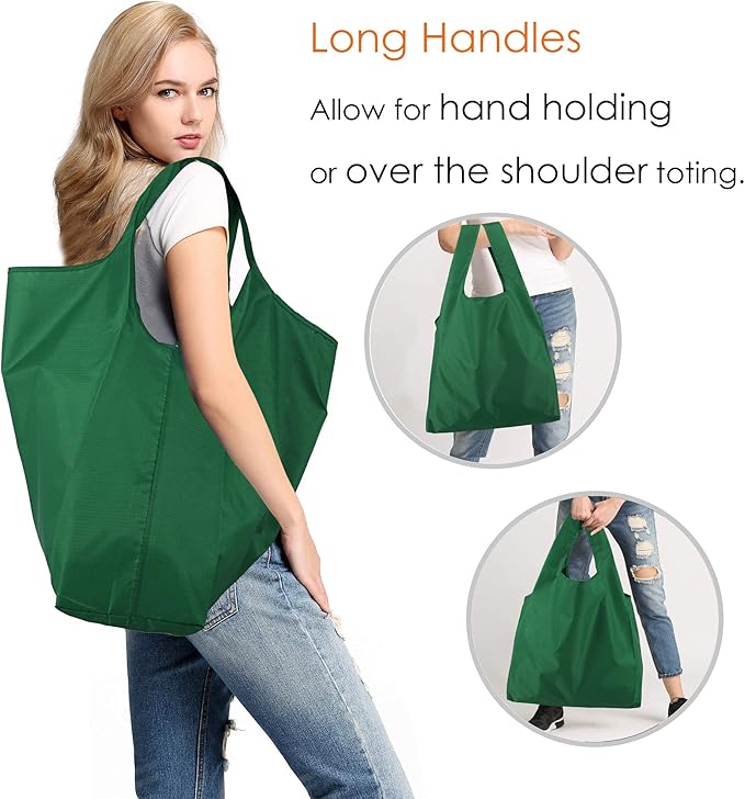 BeeGreen Christmas Green Reusable Grocery Bags with Zipper Storage Pouch 10 Packs Dark Green Reusable Shopping Bags Bulk Foldable-Machine Washable