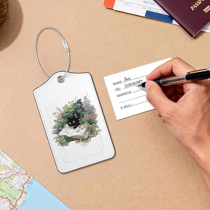 2 Pack PU Leather Luggage Tags for Suitcases, Privacy Protection Cover with Stainless Steel Loop and Address Card, Travel Cruise Essentials (Book Cat)