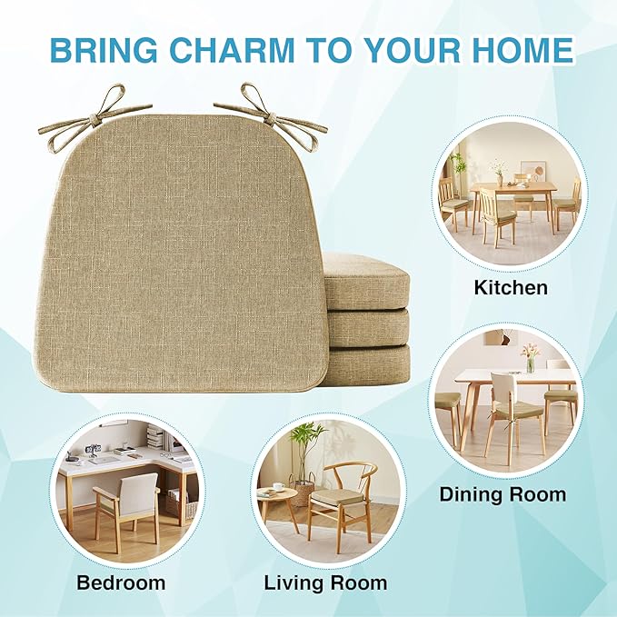 Chair Cushions for Dining Chairs Set of 6, Non Slip Kitchen Chair Pads, 17" x 16" x 2", Indoor Dining Chair Cushions with Ties, D-Shaped Seat Cushions for Kitchen Chairs, Khaki