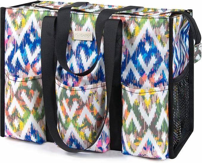 TOPDesign Utility Water Resistant Tote Bag with 13 Pockets, Top Zipper Closure & Thick Bottom Support, for Working Women
