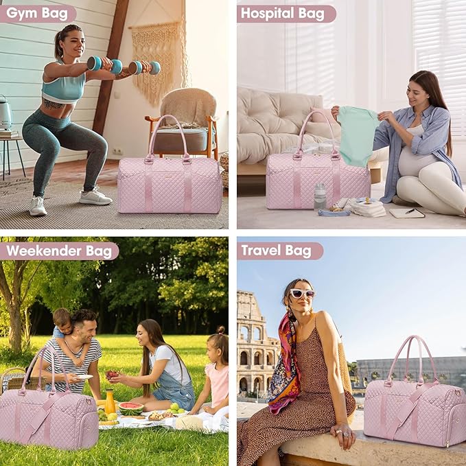 Women Weekender Travel Duffle Bag: Travel Duffel Overnight Bags with Shoe Compartment Large Carry on Tote with Toiletry Bag Weekend Traveling Yoga Gym Hospital Bag for Women with Wet Pocket 3 PCS Set