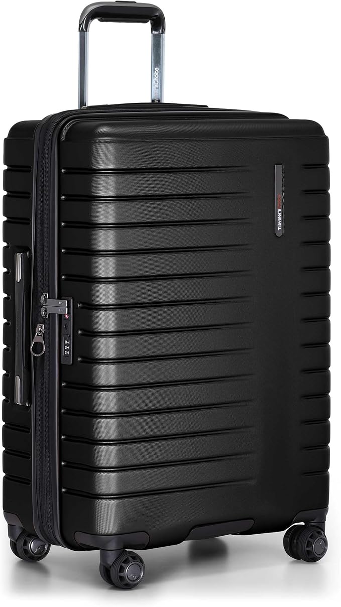 Traveler's Choice Archer Polycarbonate Hardside Spinner Luggage Set, Tie Down Straps, Black, Checked 25-Inch