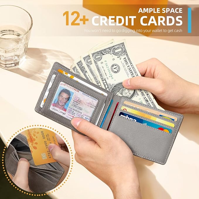 RUNBOX Wallet for Men Slim 11 Credit Card Holder Slots Leather RFID Blocking Small Thin Men's Wallet Bifold Minimalist Front Pocket Large Capacity Gift Box