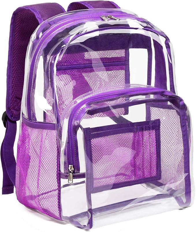 Vorspack Clear Backpack Heavy Duty PVC Transparent Backpack with Reinforced Strap Stitches & Large Capacity for College Workplace Security - Purple