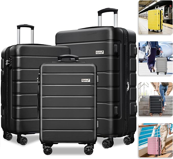 Explorer Lightweight Hardshell 20% Expandable 3-Piece Luggage Set with TSA Lock, Double Spinner Wheels, and Carry-On Suitcase, Black