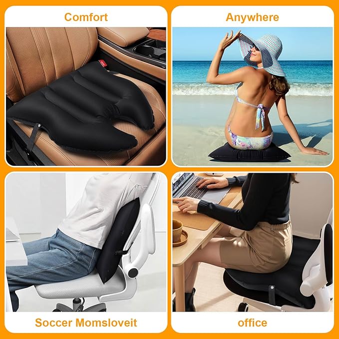 Inflatable Seat Cushion, Lumbar Support Pillow for Office Chair, Portable Outdoor Camping air Cushion,Car Lumbar Support, Lightweight, Waterproof, Essential for Home, Office and Travel, Black