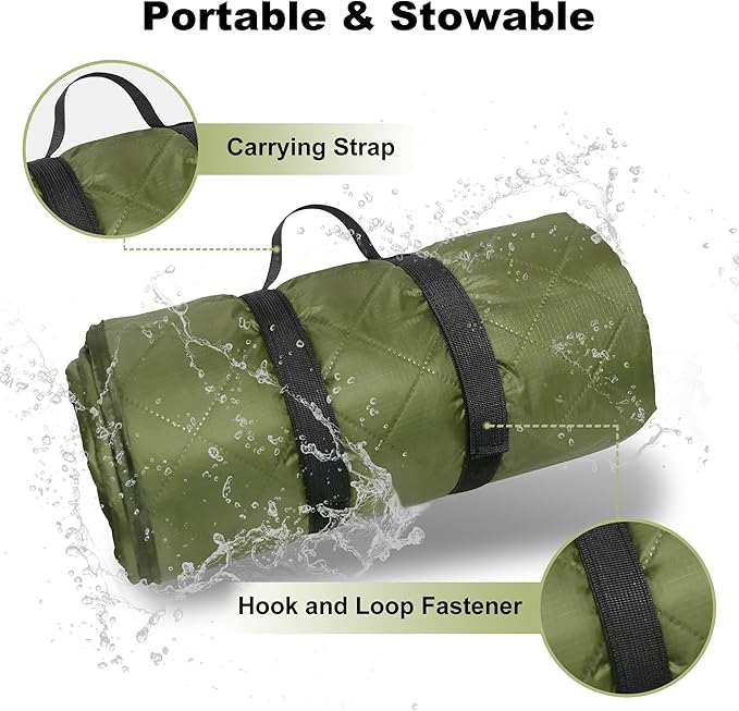 Waterproof Outdoor Blanket 82”X 55” Packable, Stadium Blankets for Camping with Quilted Fleece Lining, Large Windproof Emergency Throw Mat for Garss Picnic Hiking Road Trip, Machine Washable, Green
