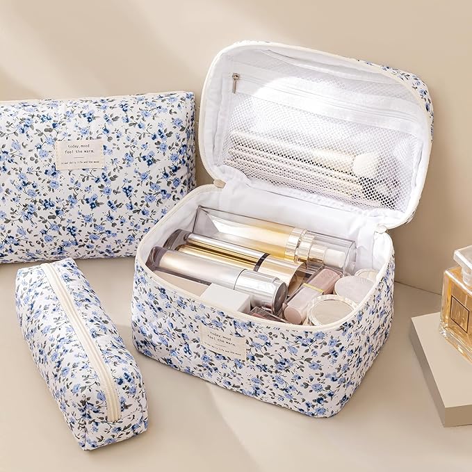 HBselect Quilted Makeup Bag, 3PCS Cotton Large Travel Makeup Bag, Cute Floral Coquette Make up Bag Cosmetic Bag Toiletry Bag for Women Girls