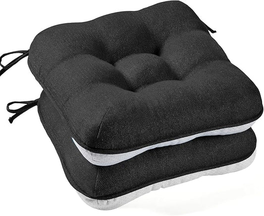 BETU Black Chair Cushions for Dining Chairs Set of 2,3.5" Thick Kitchen Table Chair Pads with Ties,Non Slip Backing and Covers,Seat Cushion for Dining Room,Bar,Patio Chairs,16"X16"X3.5",Black