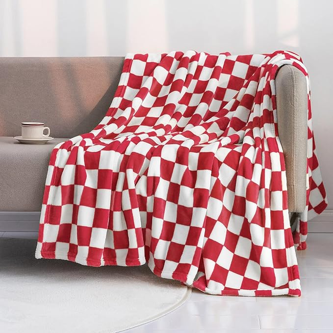 LOMAO Throw Blankets Flannel Blanket with Checkerboard Grid Pattern Soft Throw Blanket for Couch, Bed, Sofa Luxurious Warm and Cozy for All Seasons (Red, 40"x60")