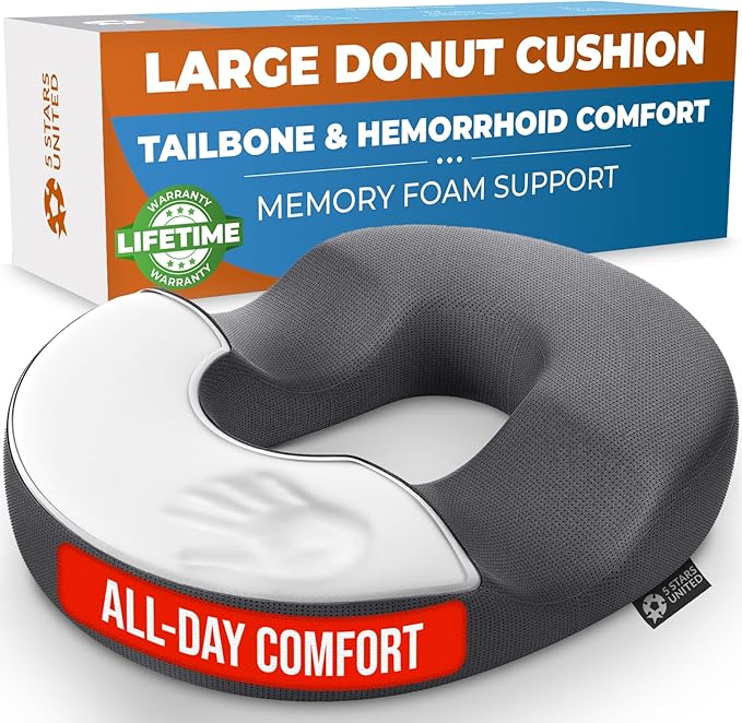 5 STARS UNITED Donut Pillow Hemorrhoid Tailbone Cushion – Large Floor Cushion for Pain Relief – Coccyx, Prostate, Sciatica, Pelvic Floor, Pressure Sores, Pregnancy, Postpartum Recovery, Dark Gray