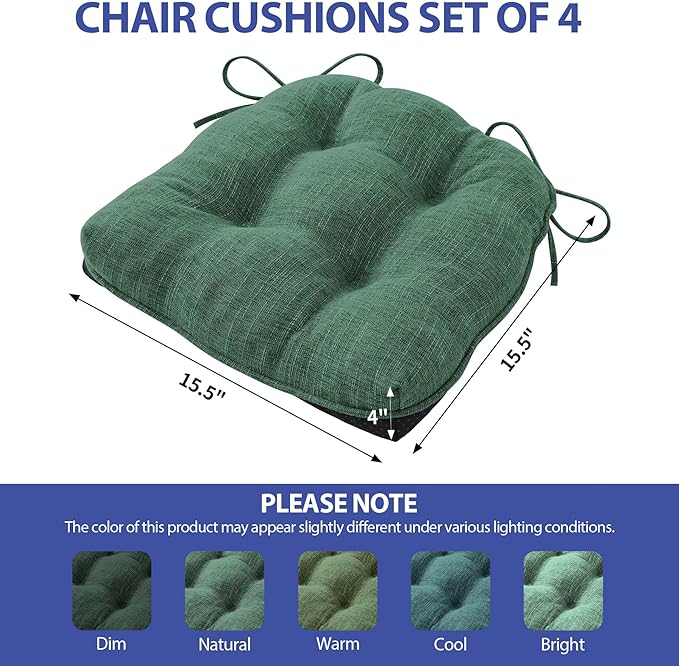 Chair Cushions for Dining Chairs Set of 4, Kitchen Chair Cushions, Chair Pads with Ties Non Slip Backing, Christmas Room Decor, Tufted Memory Foam Seat Cushion 4 Pack, 15.5x15.5x4, Dark Green