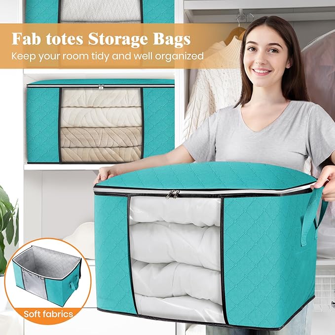 Fab totes 24 Gallons Clothes Storage, Foldable Thick Fabric Blanket Storage Bags, Containers for Organizing Bedroom, Closet, Clothing, Comforter, Organization with Handle (8 Pack,Green)