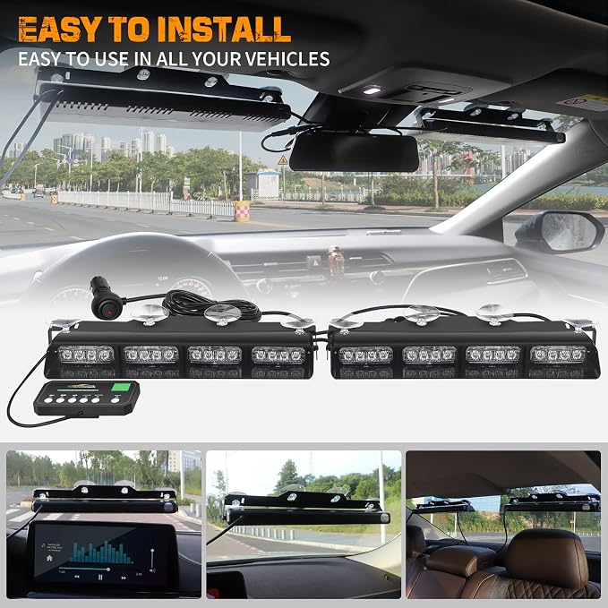 2x 14 inch Amber Blue Emergency Dash Lights 32 LED Strobe Lights | Interior Safety Warning Hazard Caution Front/Rear Windshield Light Bar w/ Controller for Construction Vehicles Trucks Car