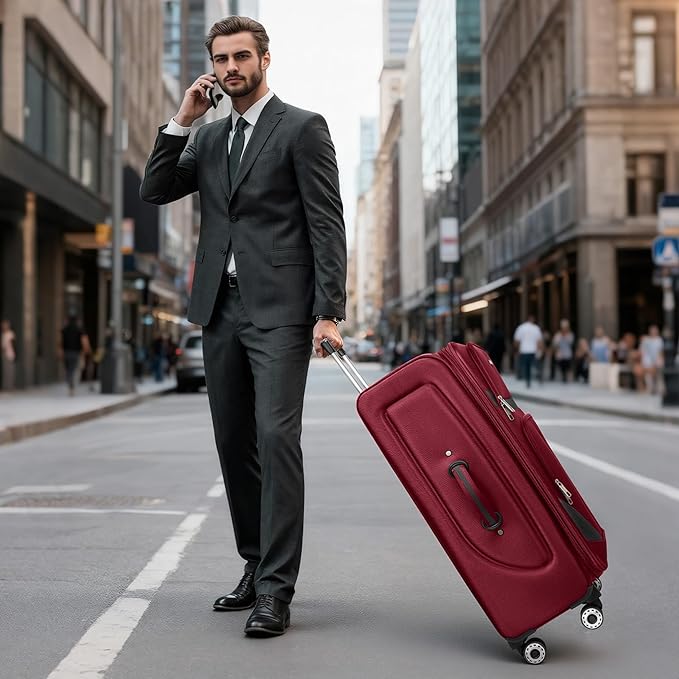 32'' Large Softside Suitcase,Expandable 15% Luggage,with Double Spinner Wheels and LOCK,Lightweight Travel Suitcase for Men/Women（Burgundy-Grey,32in）