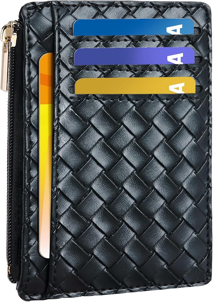Tipmile Credit Card Holder for Women Slim Minimalist Front Pocket RFID Blocking Wallet Small Compact Card Case with ID Window, Woven Black