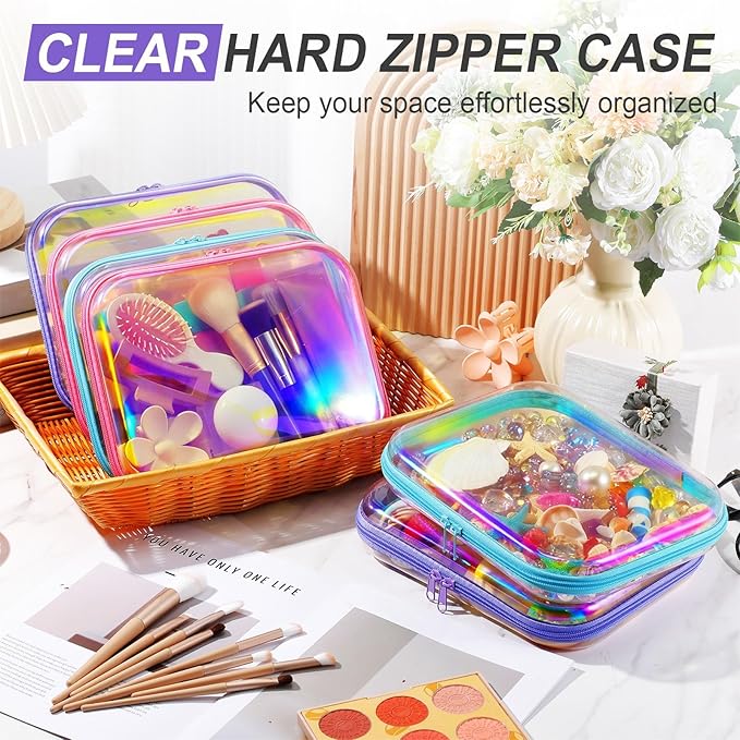 Sanwuta 6 Pcs Clear Hard Zipper Case Plastic Zipper Pouches Transparent Makeup Bag Pencil Case Pouches Toiletry Diaper Bag for Travel Toy Storage Organizer Bins(Holographic,9.84 x 7.87 x 2 Inch)