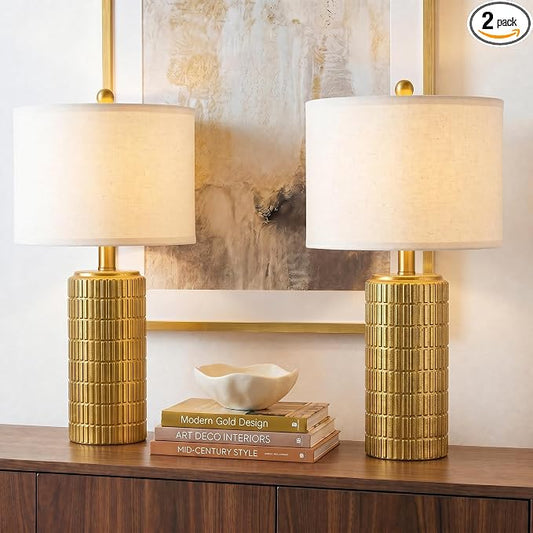PoKat 23" Brass Gold Ceramic Table Lamps for Living Room, Retro Warm Gold Lamps for Night Stands, Vintage Bronze Decorative Lamps for Bedroom, Antique Gold Brown Nightstand Lamps for Home Decor