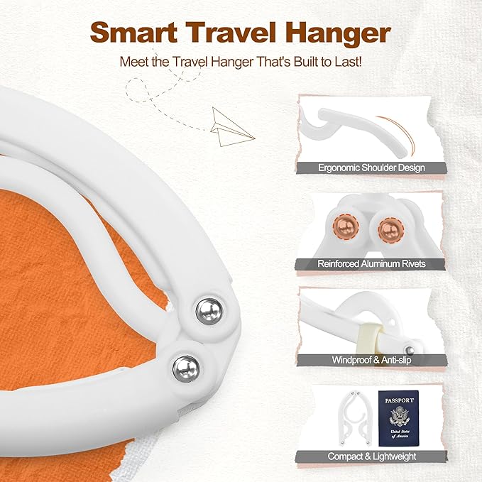 HOUSE DAY Foldable Travel Hangers 20 Pack w/10 Clips, Cruise Essentials 2025, Portable Hangers Collapsible Hanger Plastic, Travel Must Haves for Suitcase, Hotel, RV, Road Trip, Flying, Camping-White