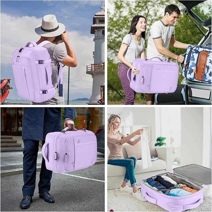 Lumesner Carry on Travel Backpacks, Extra Large 40L Flight Approved Bag for Men & Women,Expandable Suitcase Backpack With 4 Packing Cubes,Water Resistant Luggage Daypack Business Weekender Bag, Purple