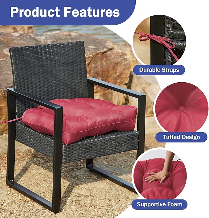 Outdoor Chair Cushions Set of 4, Patio Chair Cushions with Ties, 19x19+5” Tufted Outdoor Seat Cushions, Waterproof Patio Furniture Cushions, Outdoor Dining Chair Pads, Burgundy