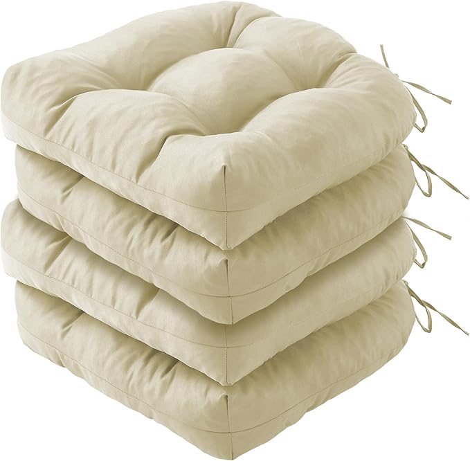 Outdoor Chair Cushions Set of 4, Patio Chair Cushions with Ties, 19x19+5” Tufted Outdoor Seat Cushions, Waterproof Patio Furniture Cushions, Outdoor Dining Chair Pads, Beige