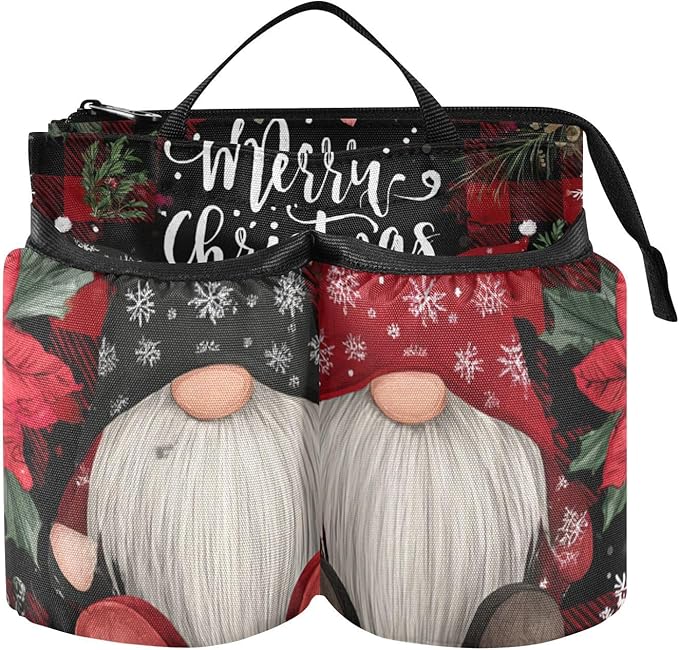 Red Black Checkered Christmas Gnomes Holly Luggage Cup Holder Travel Portable Free Hand Drink Carrier Suitcase Drinks Beverage Holder Carry-On Bottle Mug Holder Organizer Bag Travelers Accesso