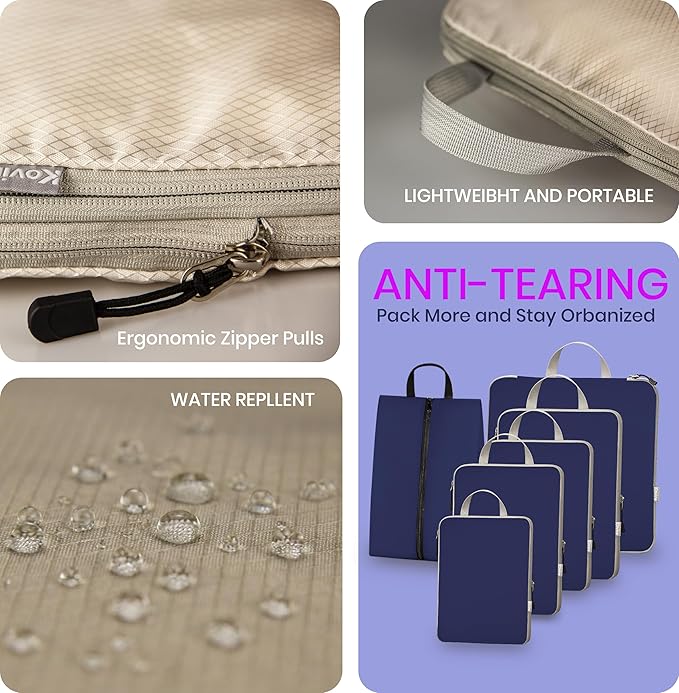 Compression Packing Cubes for Travel, Set of 6 Expandable Luggage Organizers with Shoe Bag, Lightweight Water-Resistant Suitcase Essentials for Carry-on & Checked Luggage, Blue