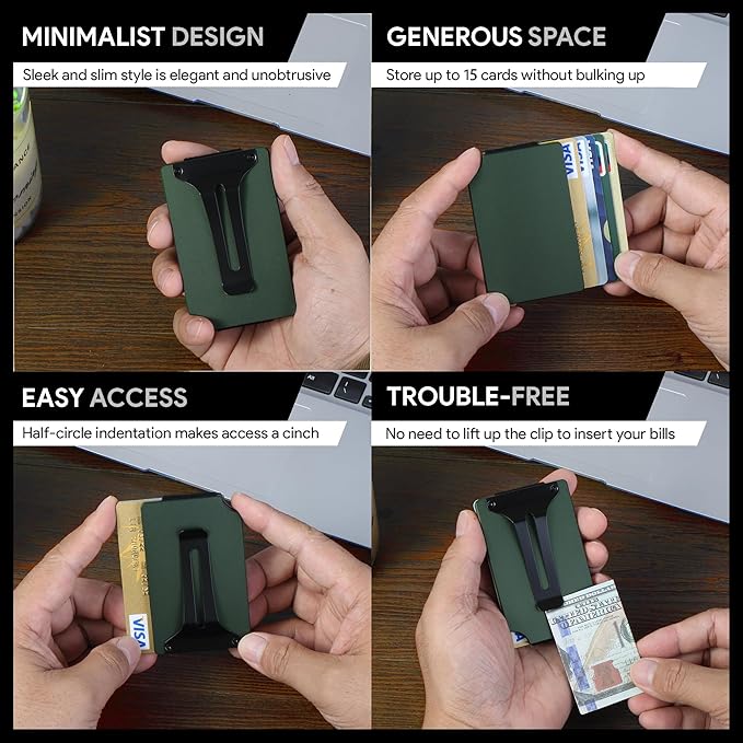 Carbon Fiber Minimalist Wallet for Men Credit Card Holder Money Clip & Cash Strap Slim RFID Mens Wallets-Matt Green