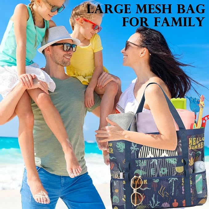 Fammart Mesh Beach Bag, Large Beach Tote with Zipper Pocket, Toys Pool Bag for Family Travel Vacation Cruise Essentials