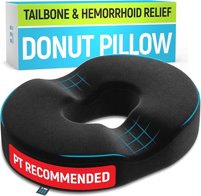 PT ENDORSED Donut Pillow for Tailbone Pain Relief - Hemorrhoid Pillow for Sitting, Orthopedic Donut Seat Cushion for Pressure Relief, Post Surgery, Postpartum Pregnancy, Lifting Cushions for Coccyx
